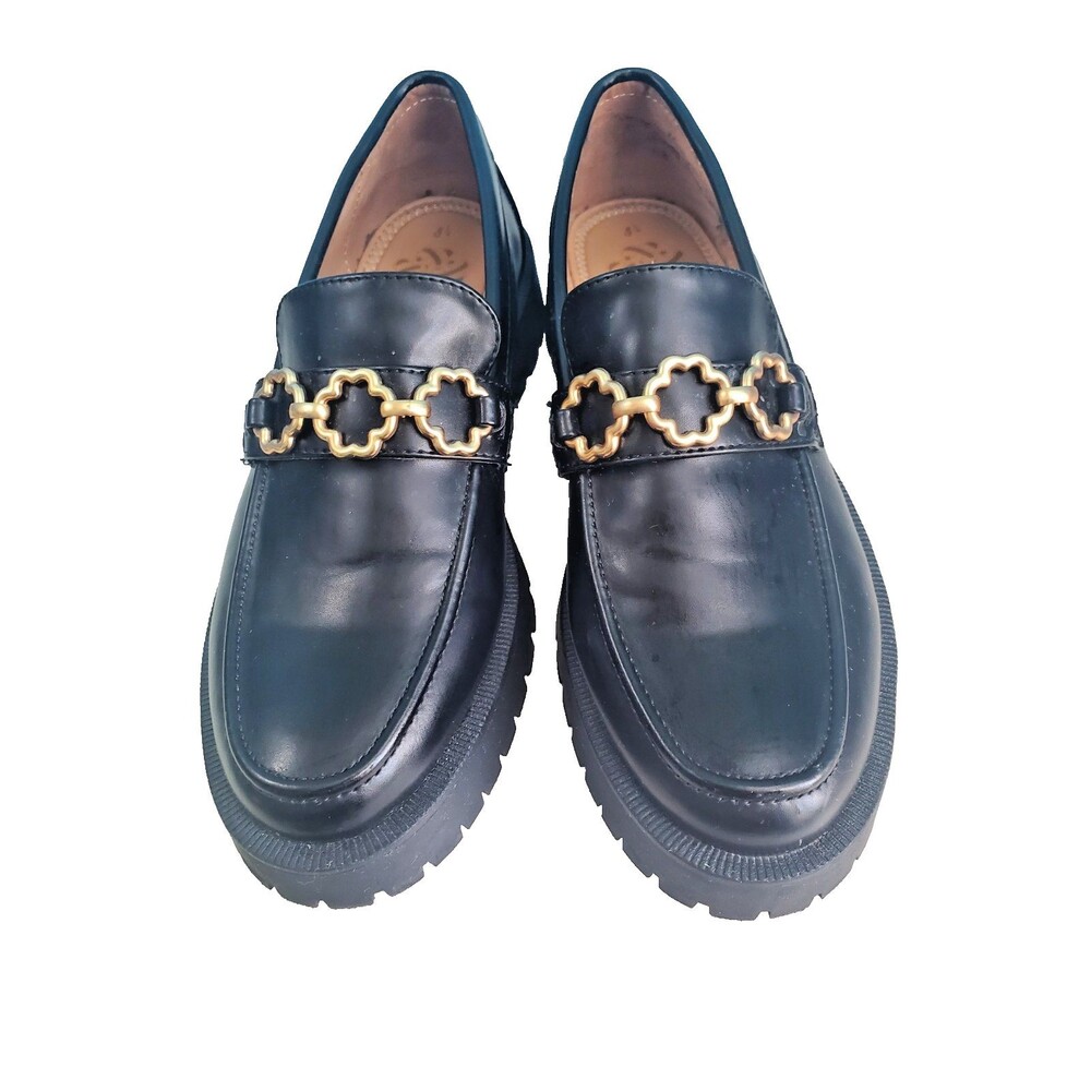 Sam & Libby Y2K  Black Lug Sole Chunky Loafers Gold Link Size 8.5 Slip On